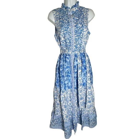 CeCe Women’s Blue White Floral Ruffle belted Midi Dress Size Small 100% Cotton - Picture 2 of 13